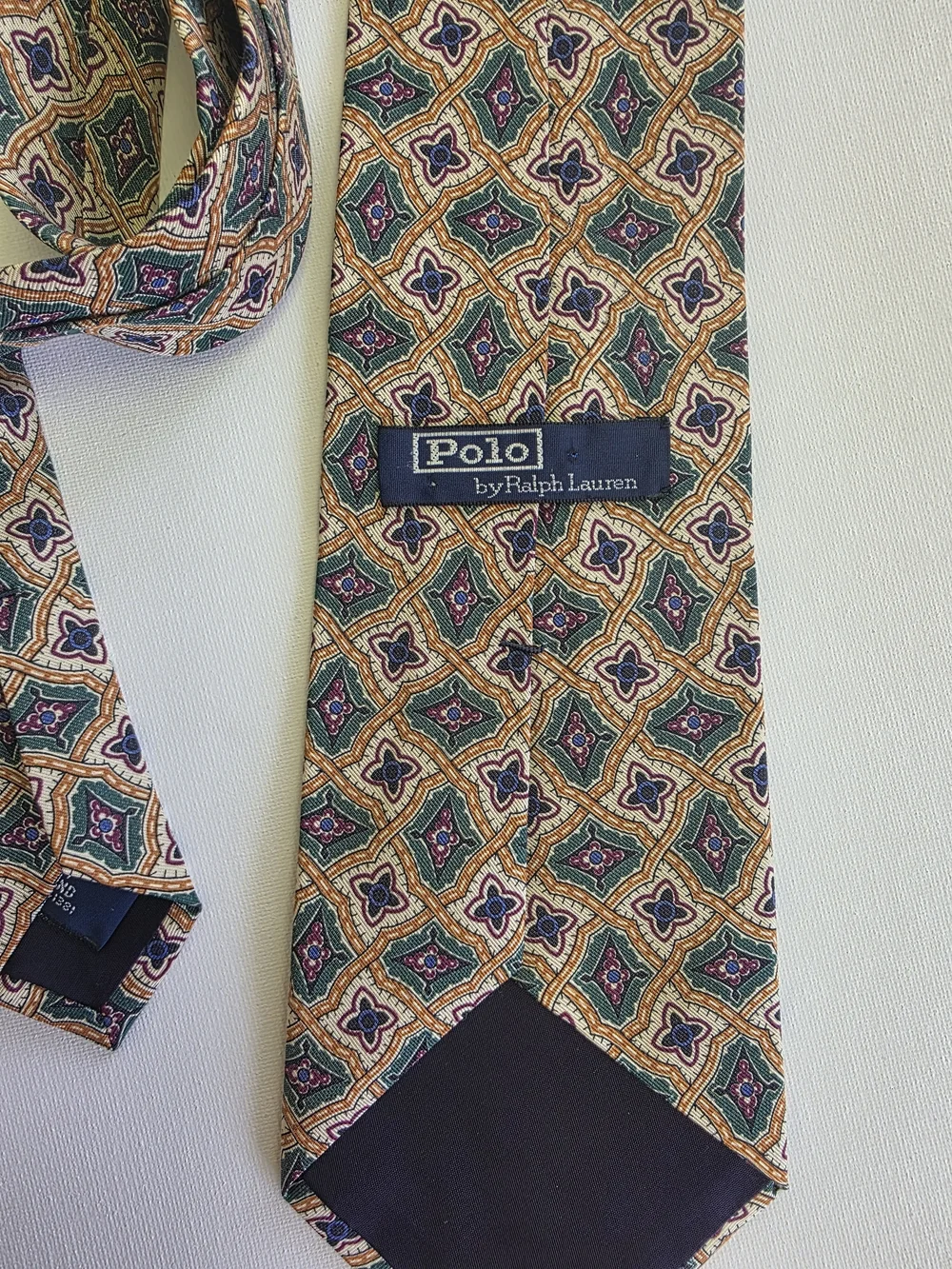 Polo By Ralph Lauren Handmade Geometric Pattern Silk/cottonTie in Green and Gold